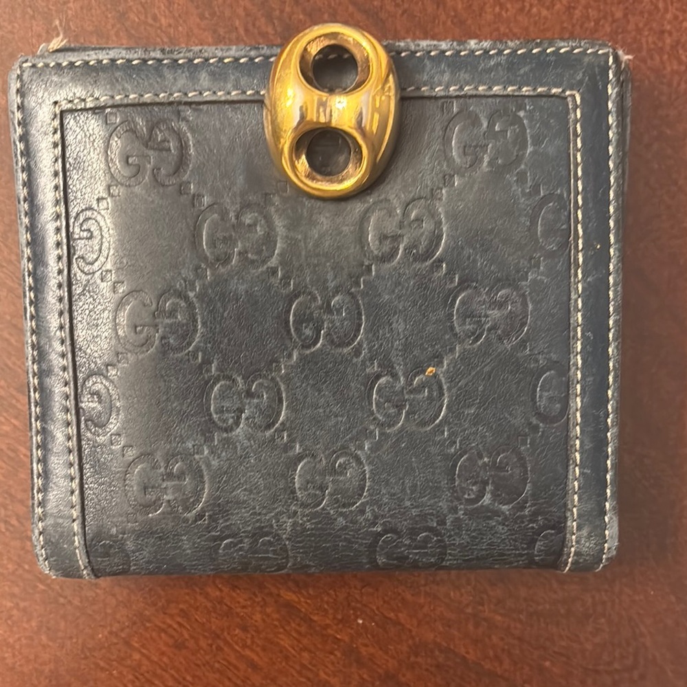 Gucci Blue Leather Wallet with Gold Clasp